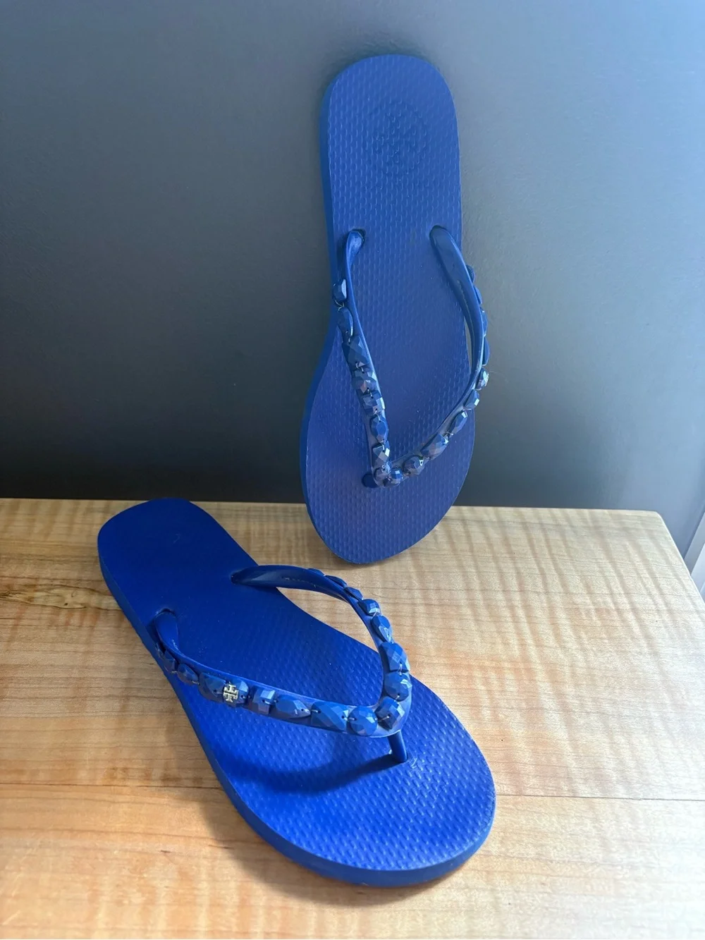 Tory Burch Blue Beaded-Strap Women's Flip Flops 7.5